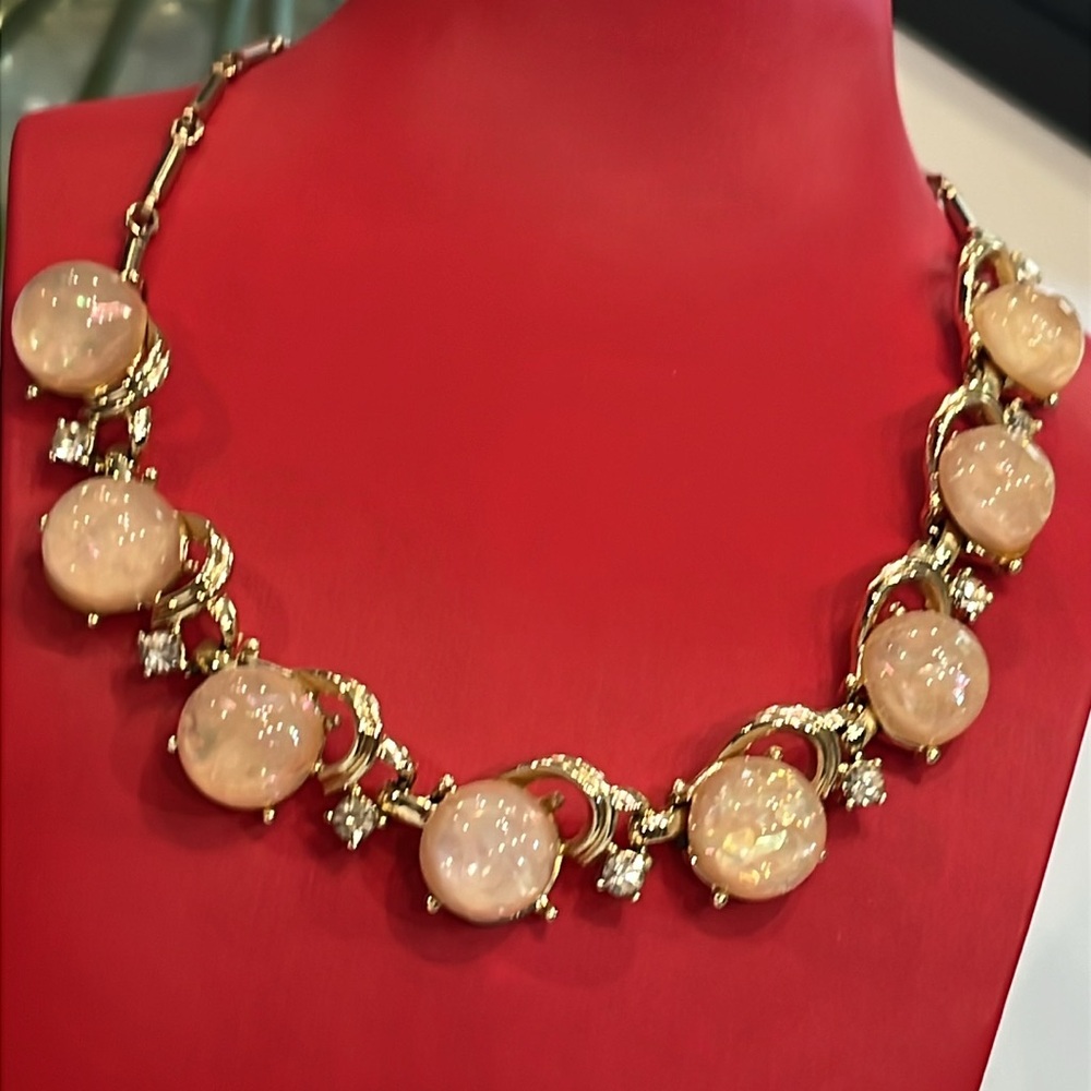 Coro Vintage Necklace. Moonstone set in gold tone with tiny clear rhinestones.